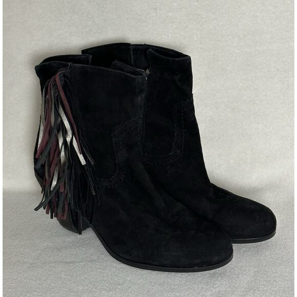Sam Edelman Louie Saddle Fringe Bootie Size 7 M Black Suede Zip Ankle Boots EUC - Picture 2 of 6
